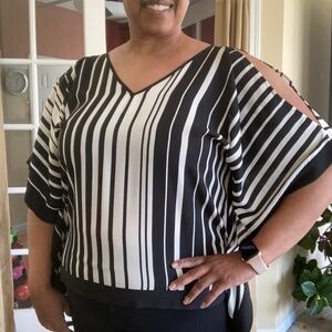 BCX Black & White Stripe Chiffon Cold Shoulder Poncho Top